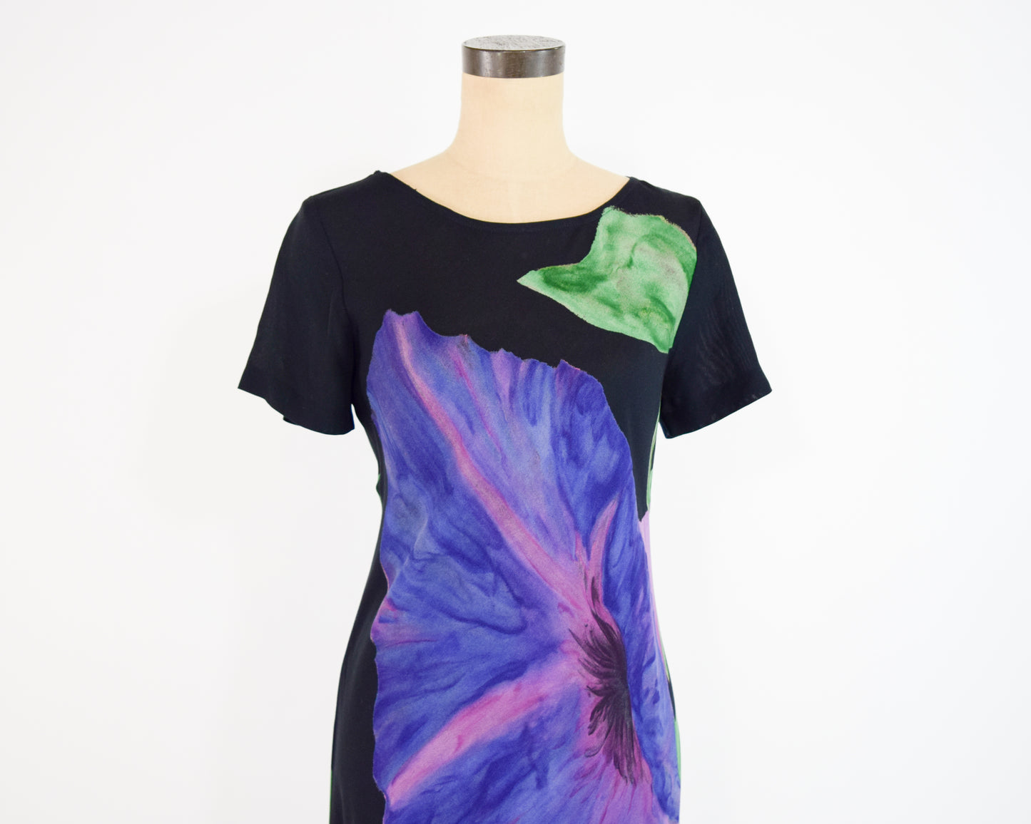 1990s Purple Floral Print Black Maxi Dress, Medium