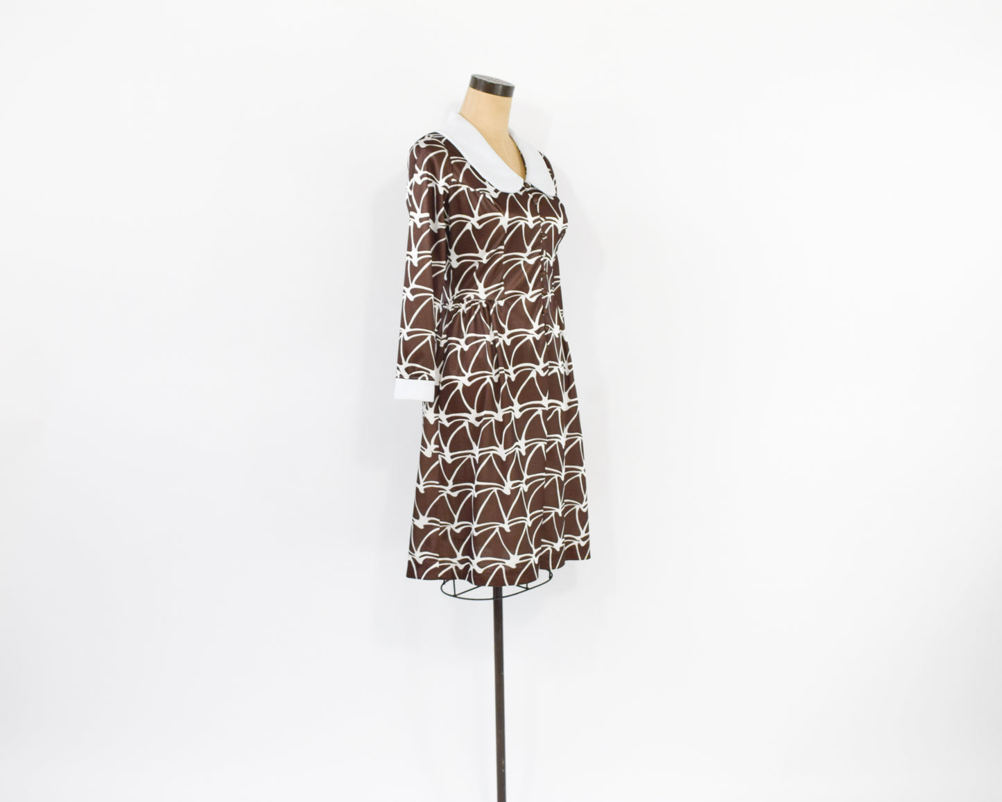 1960s Brown White Dress | 1960s Print Day Dress Small