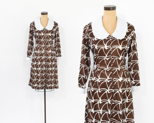 1960s Brown White Dress | 1960s Print Day Dress Small