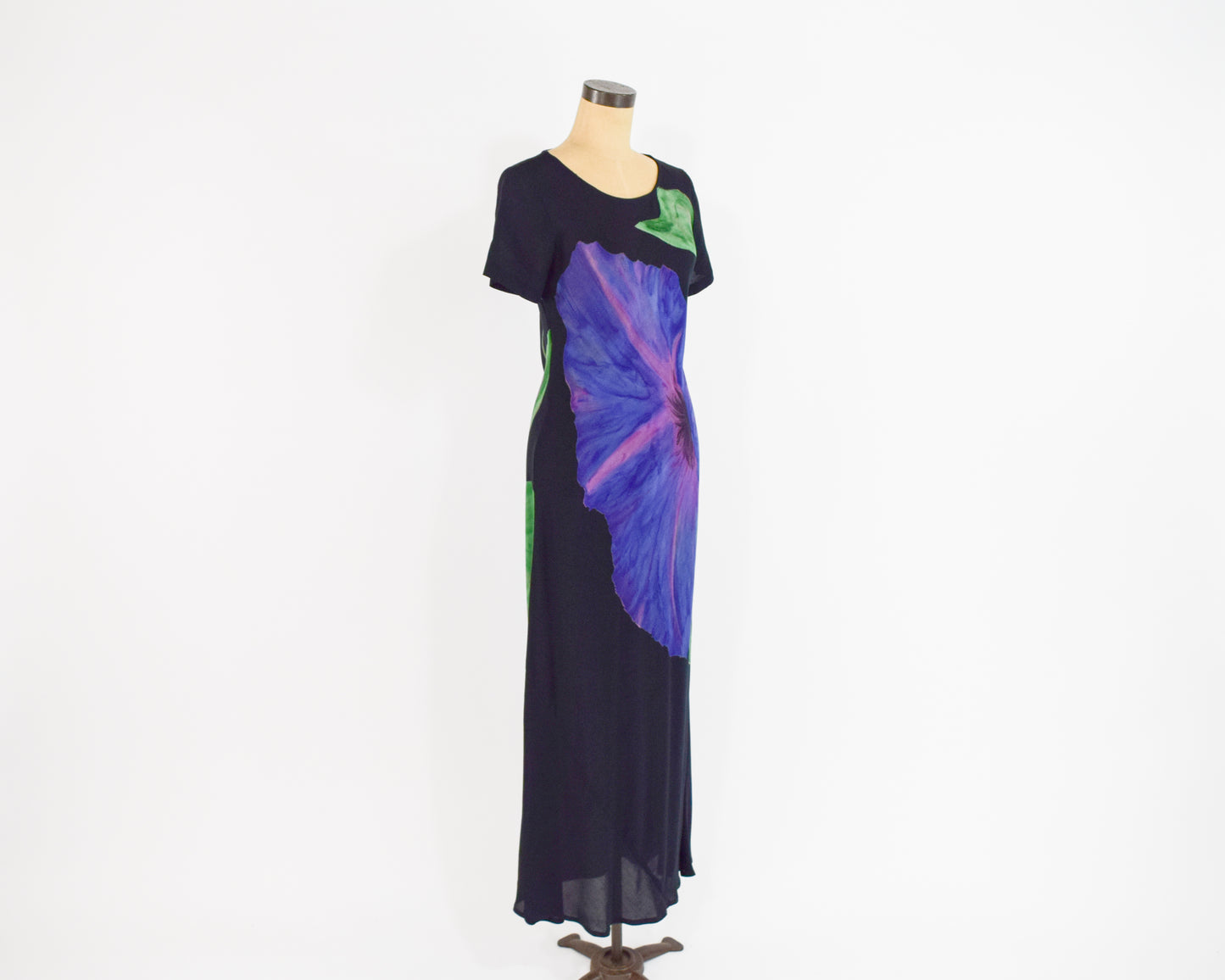1990s Purple Floral Print Black Maxi Dress, Medium