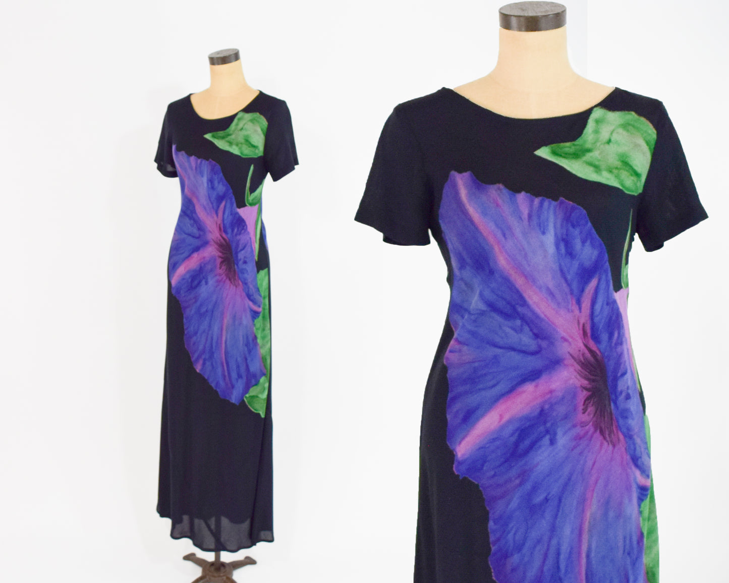1990s Purple Floral Print Black Maxi Dress, Medium
