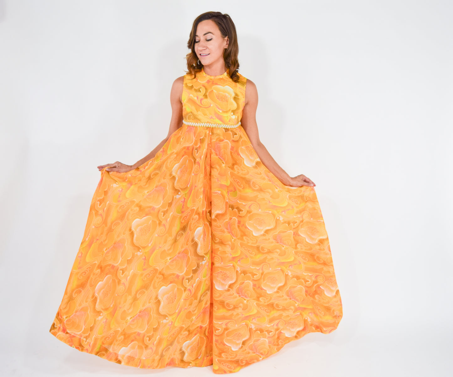 1960s Orange Print Palazzo Jumpsuit Medium