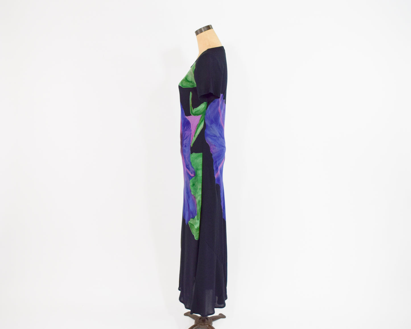 1990s Purple Floral Print Black Maxi Dress, Medium
