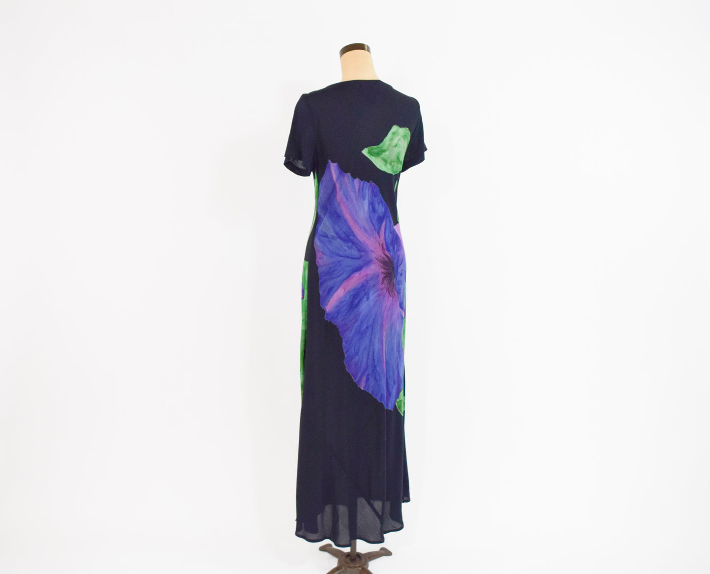 1990s Purple Floral Print Black Maxi Dress, Medium