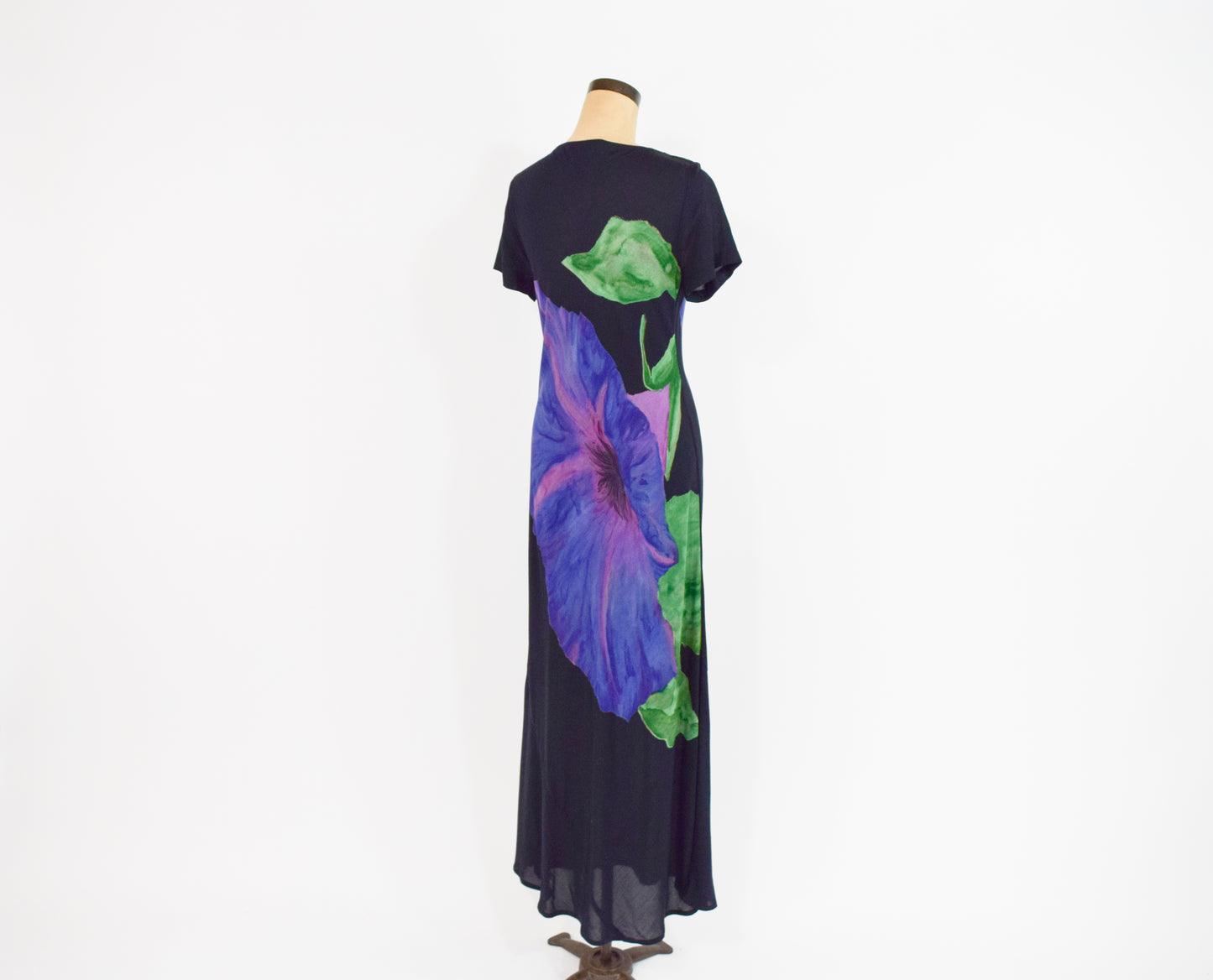 1990s Purple Floral Print Black Maxi Dress, Medium