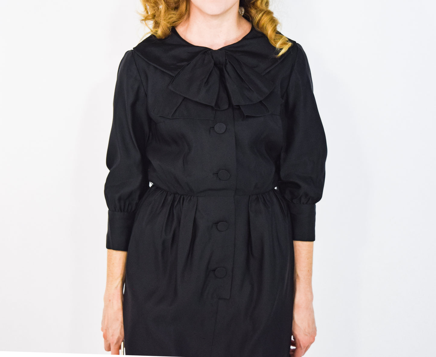 1950s Black Satin Shirtwaist Dress, Small