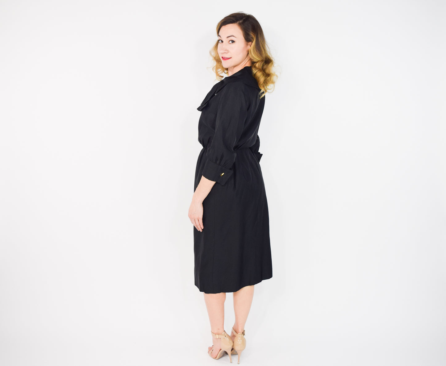 1950s Black Satin Shirtwaist Dress, Small