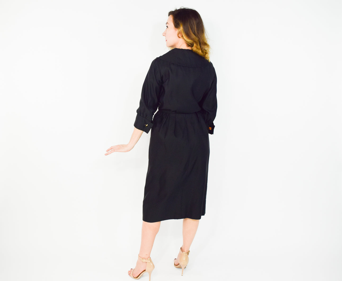 1950s Black Satin Shirtwaist Dress, Small