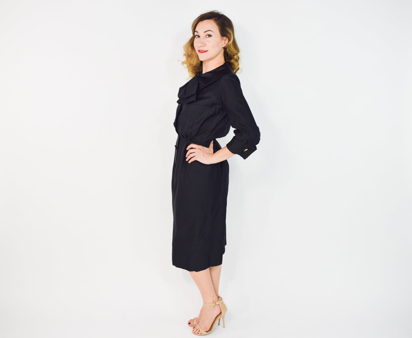 1950s Black Satin Shirtwaist Dress, Small