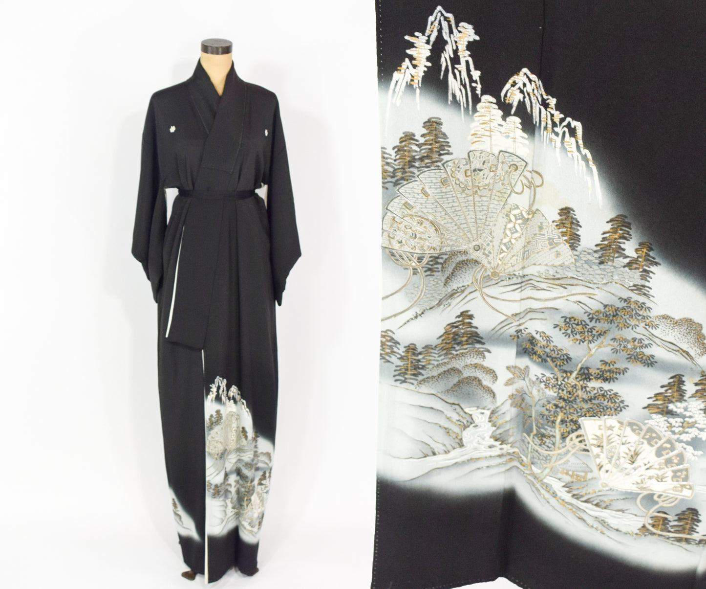 Vintage Kimono Black Silver Embroidered Silk Kimono