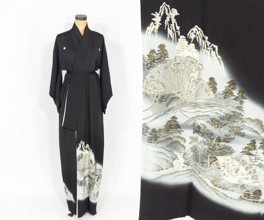 Vintage Kimono Black Silver Embroidered Silk Kimono