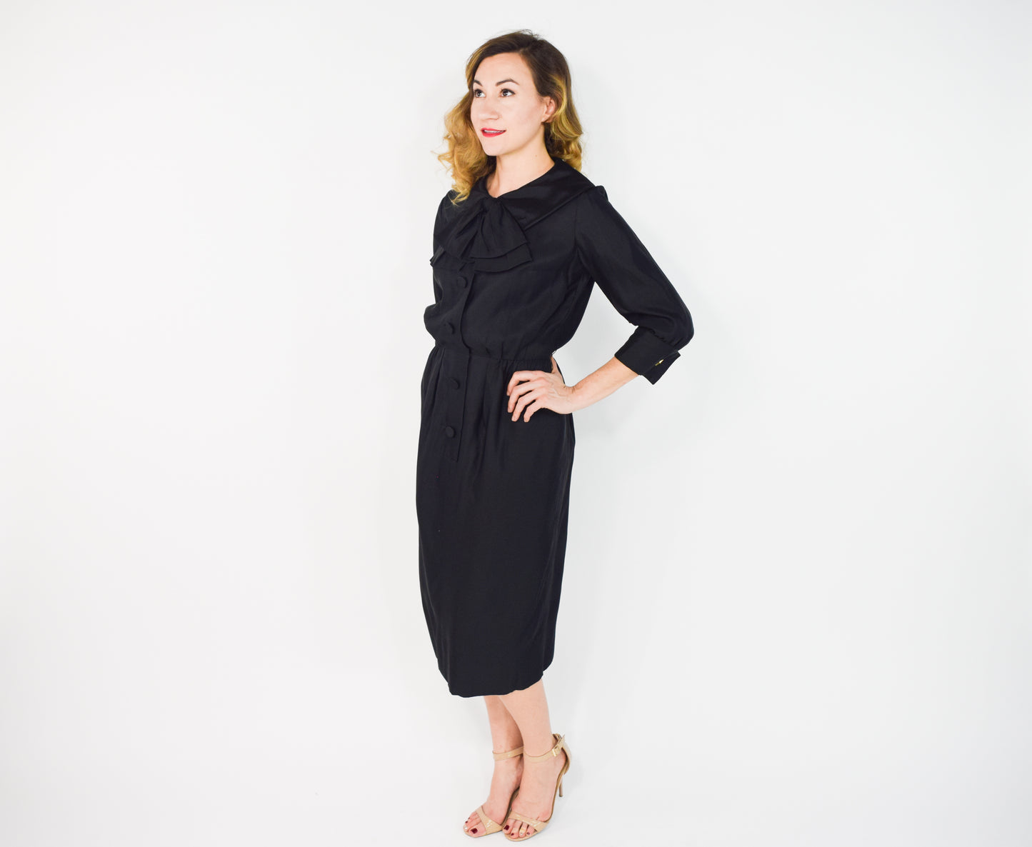 1950s Black Satin Shirtwaist Dress, Small