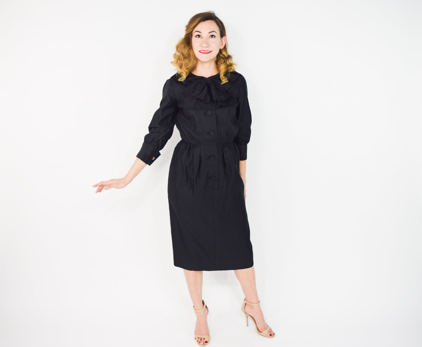 1950s Black Satin Shirtwaist Dress, Small