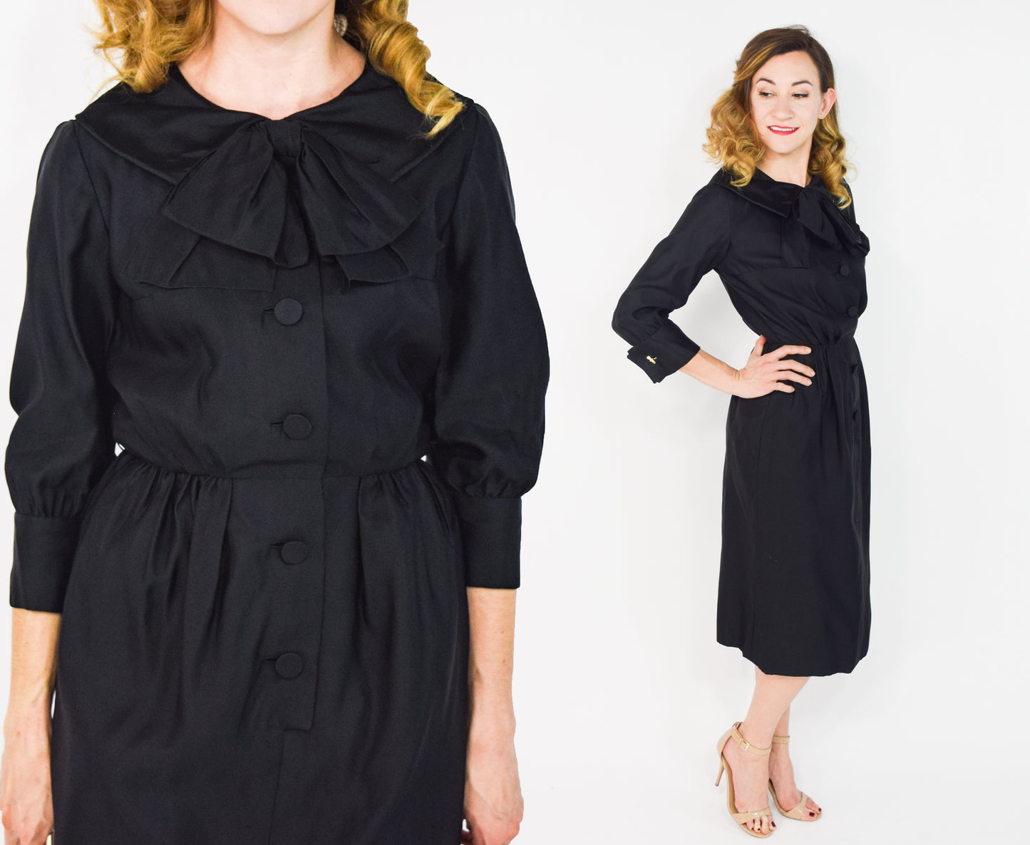1950s Black Satin Shirtwaist Dress, Small