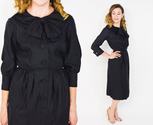 1950s Black Satin Shirtwaist Dress, Small