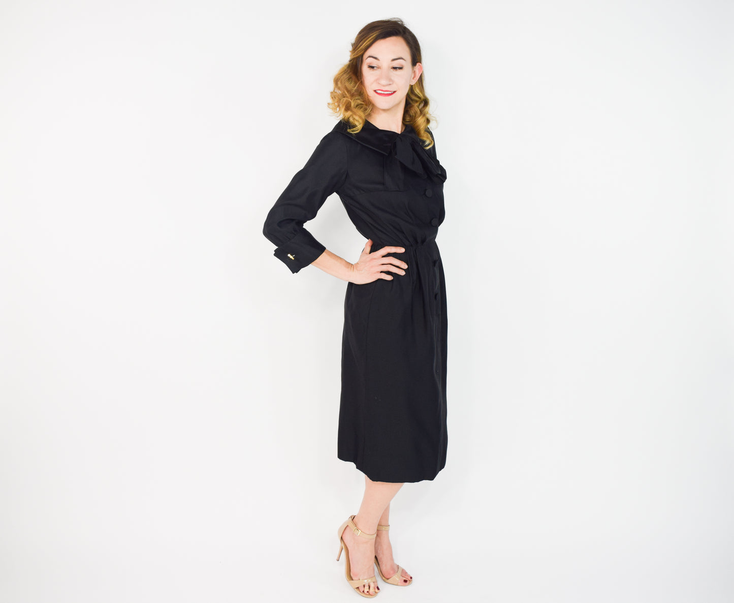 1950s Black Satin Shirtwaist Dress, Small