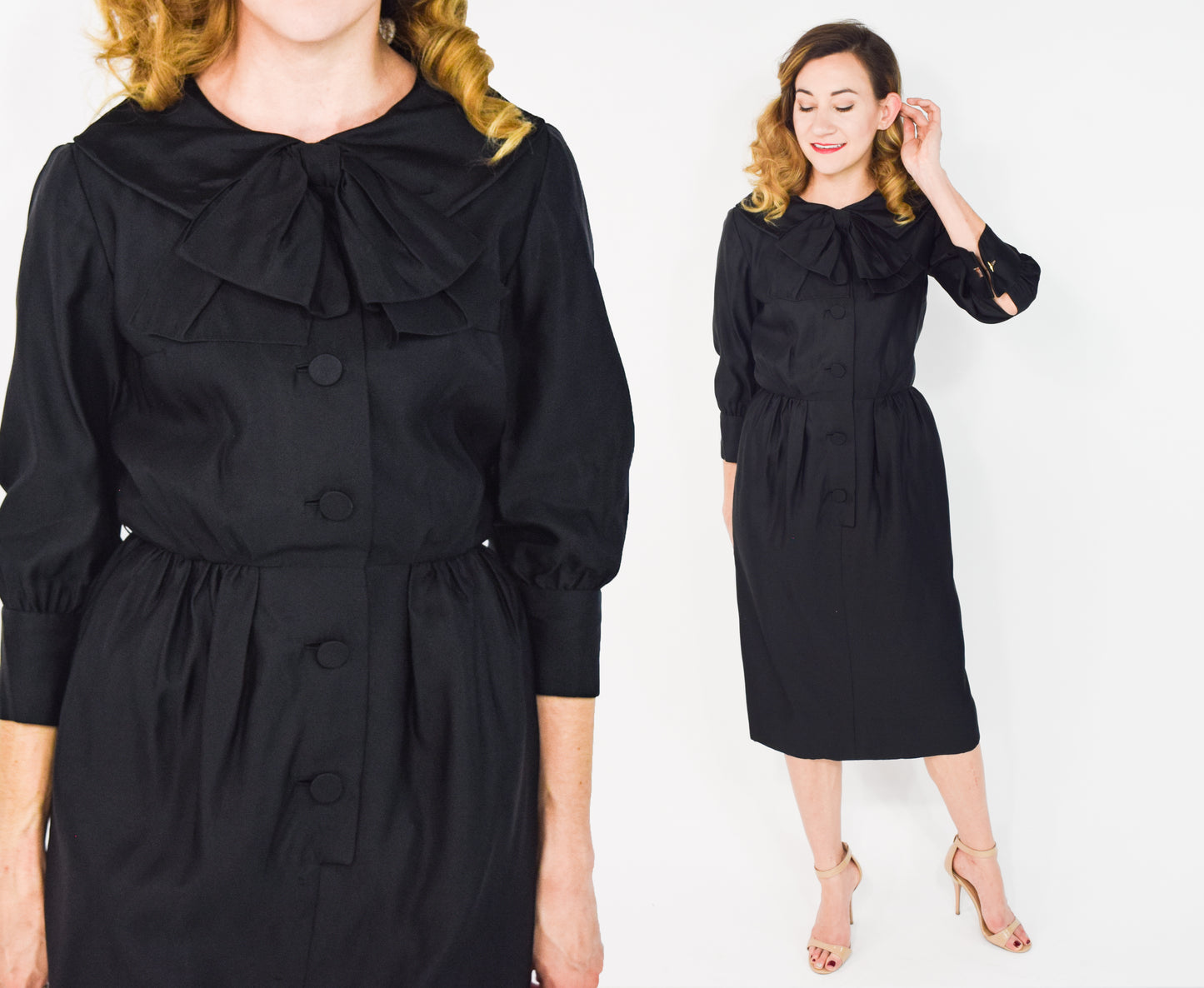 1950s Black Satin Shirtwaist Dress, Small