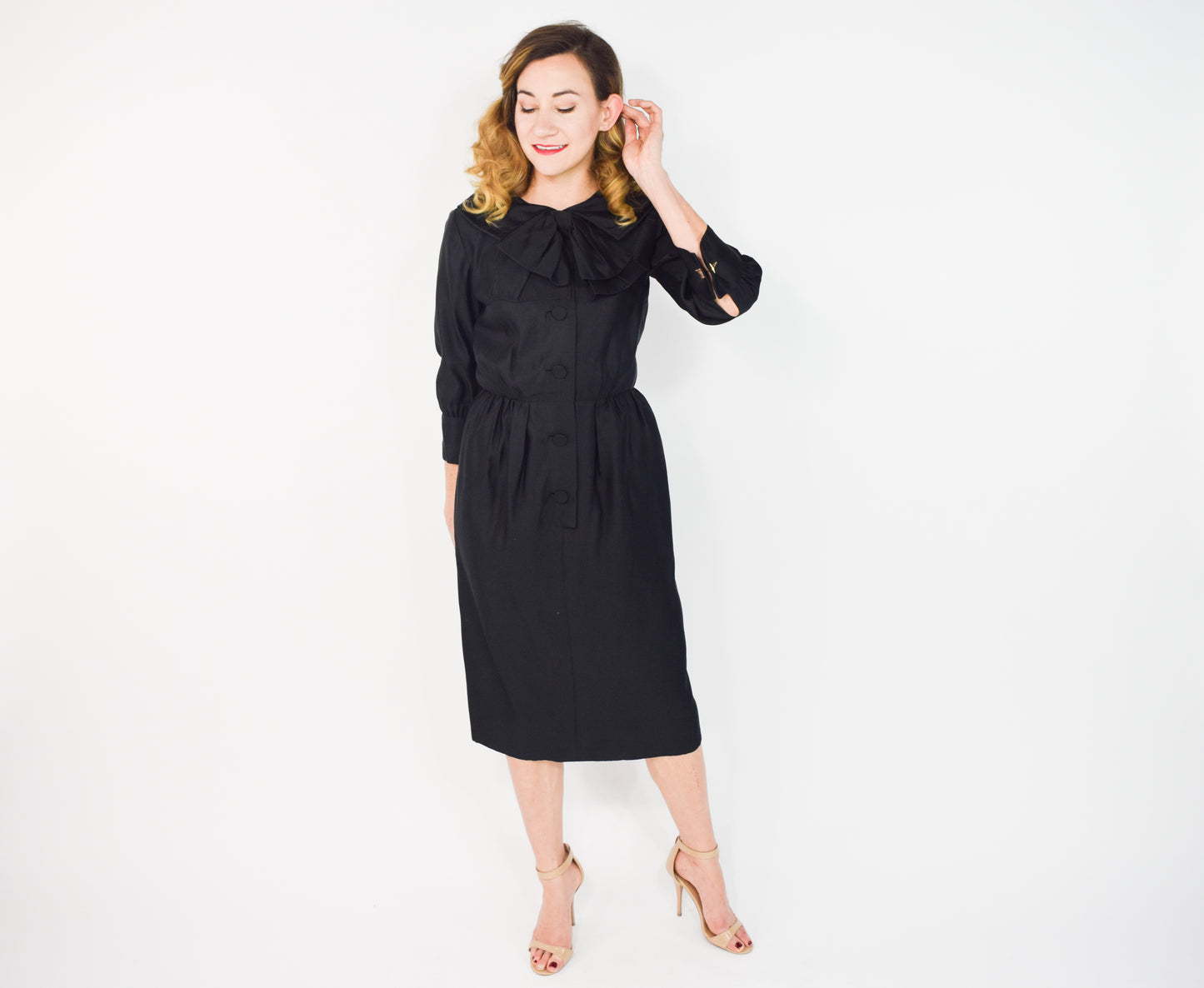 1950s Black Satin Shirtwaist Dress, Small