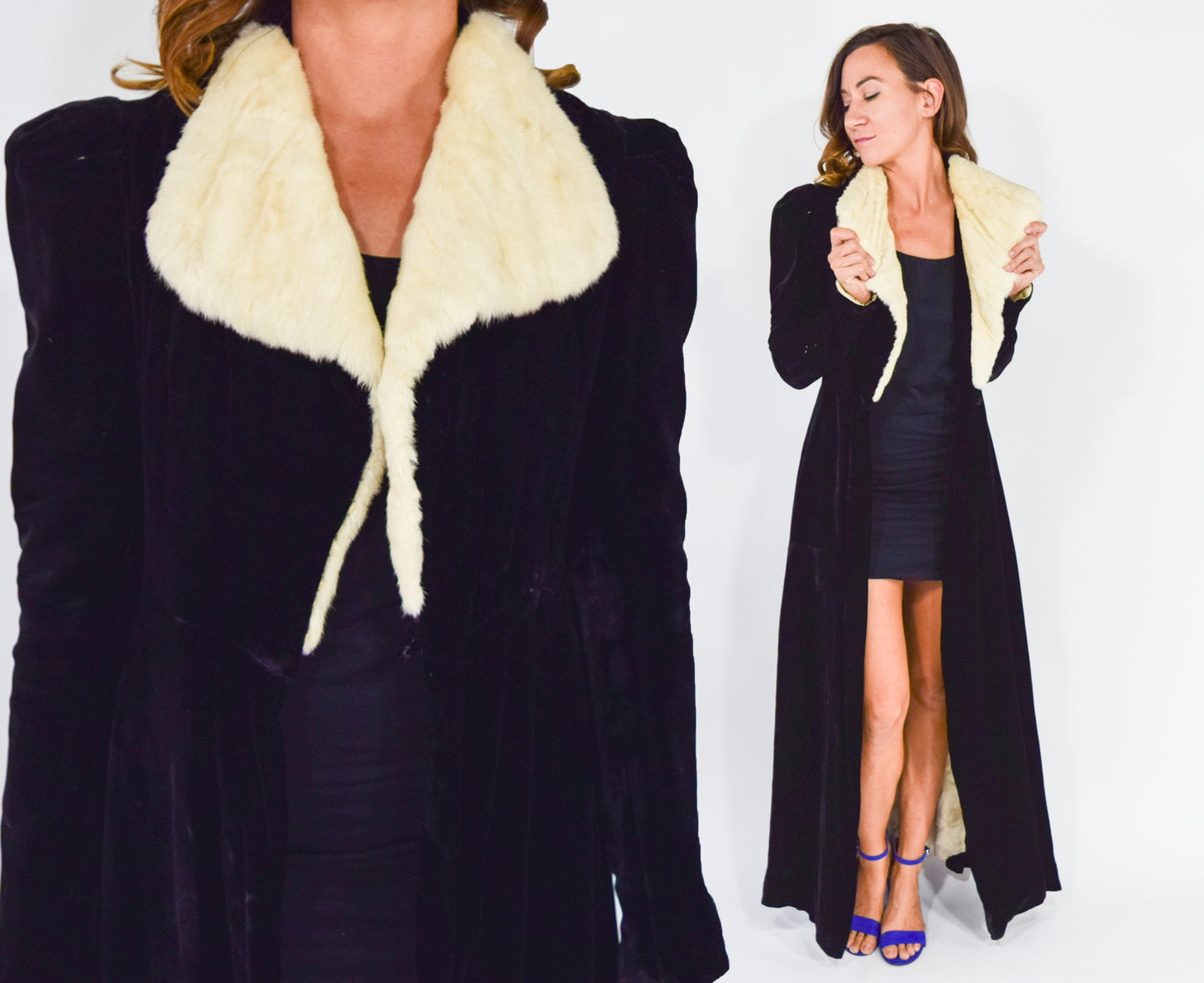 1930s Black Silk Velvet & White Fur Evening Coat, Small