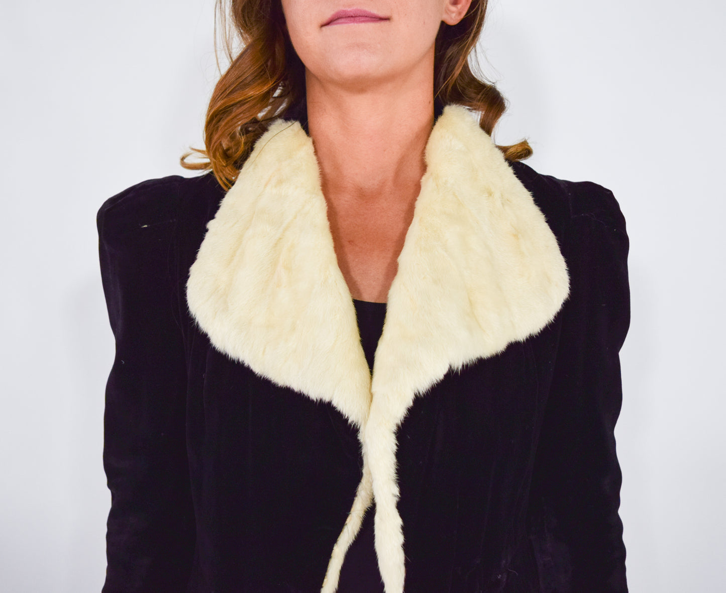 1930s Black Silk Velvet & White Fur Evening Coat, Small