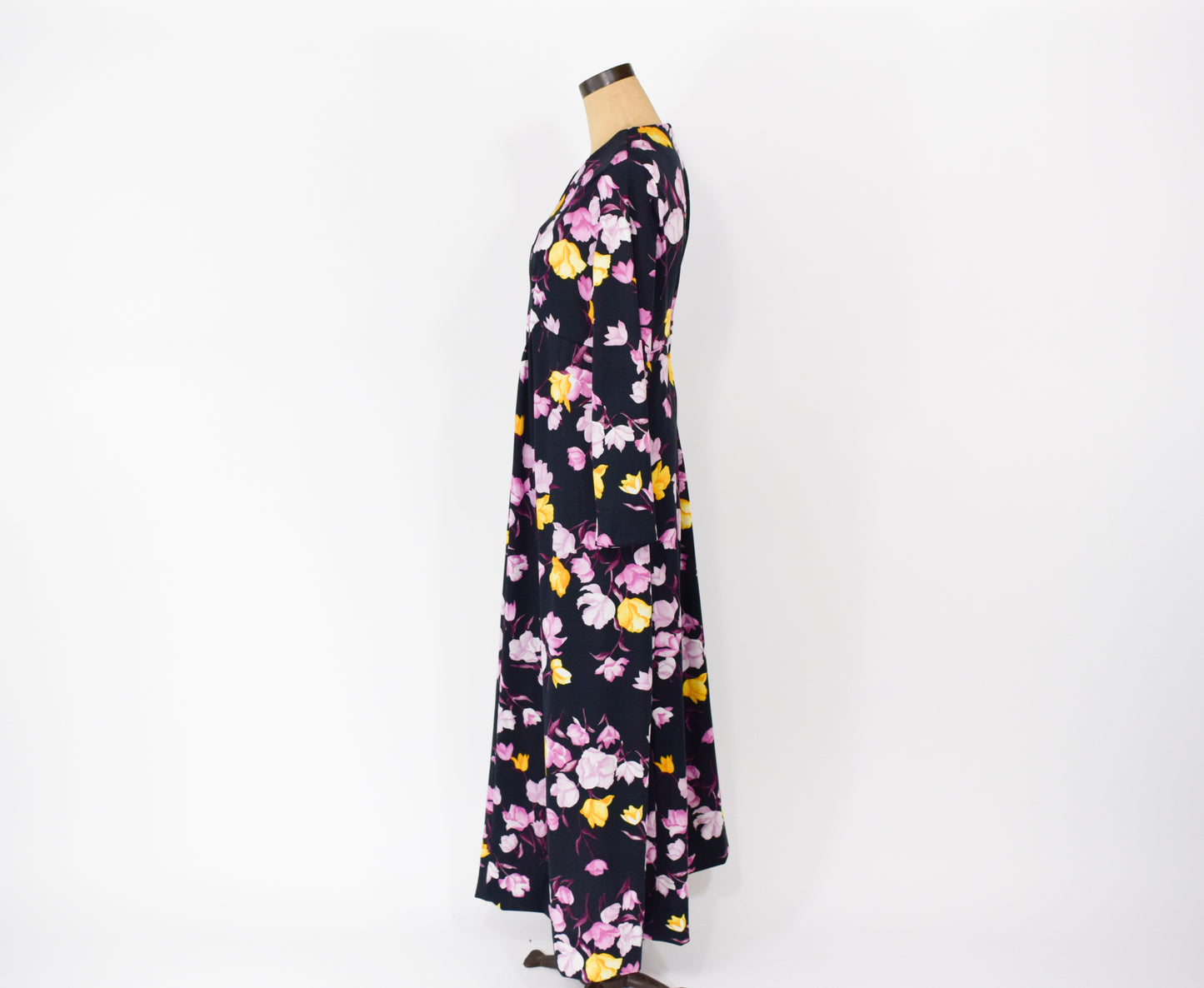 1970s Black & Purple Floral Print Maxi Dress XL