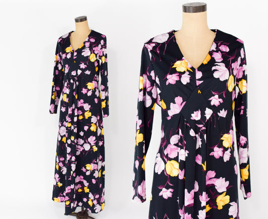 1970s Black & Purple Floral Print Maxi Dress XL