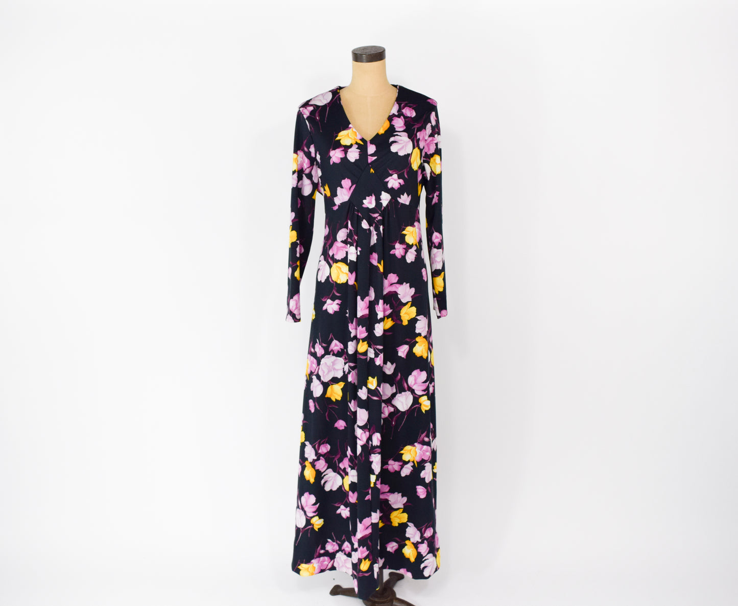 1970s Black & Purple Floral Print Maxi Dress XL