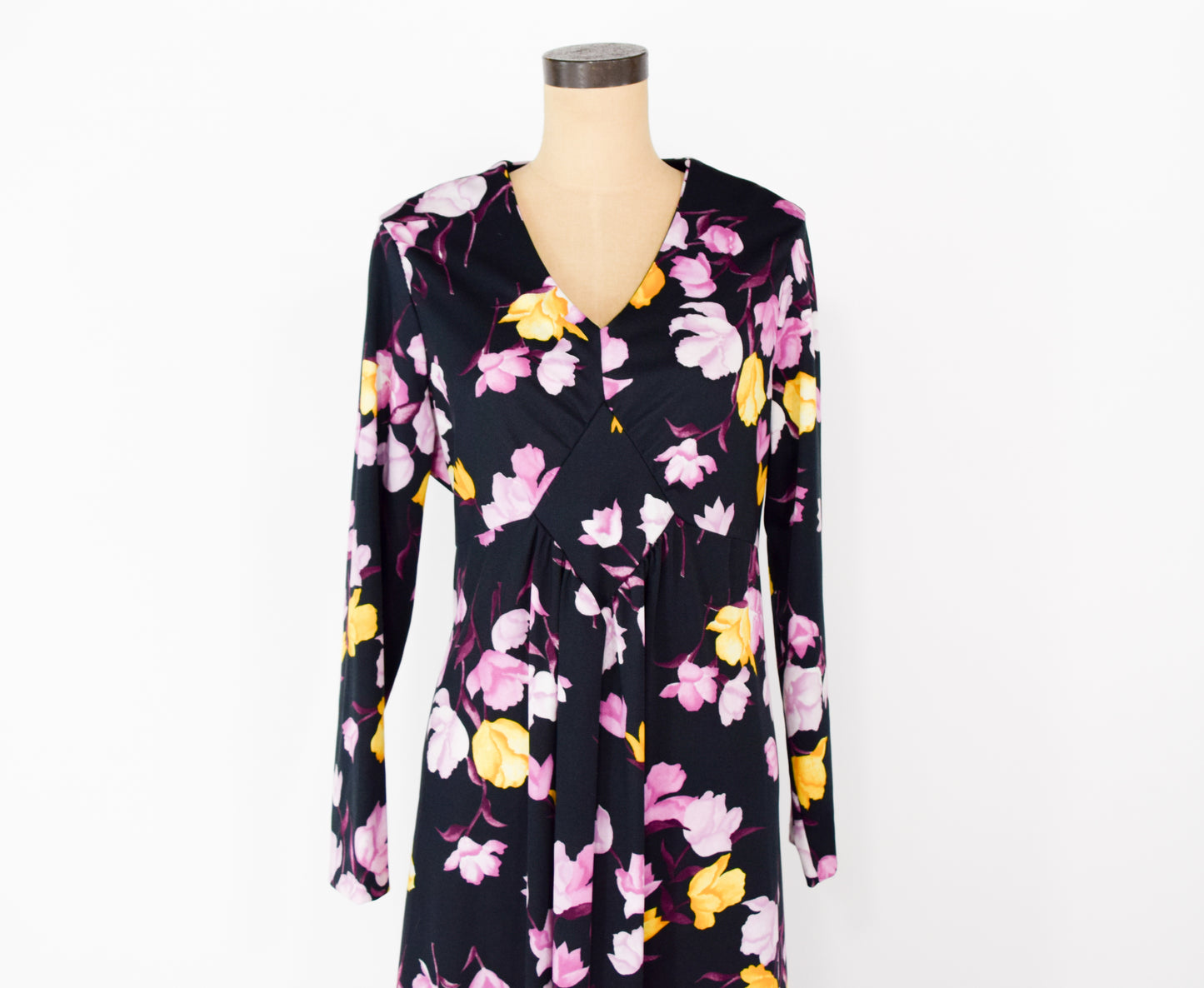 1970s Black & Purple Floral Print Maxi Dress XL