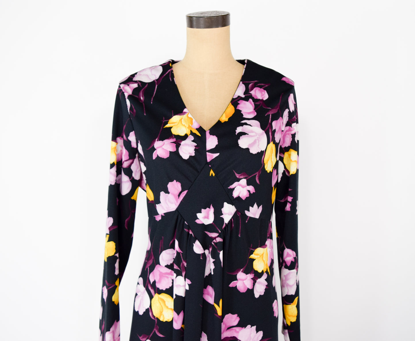 1970s Black & Purple Floral Print Maxi Dress XL