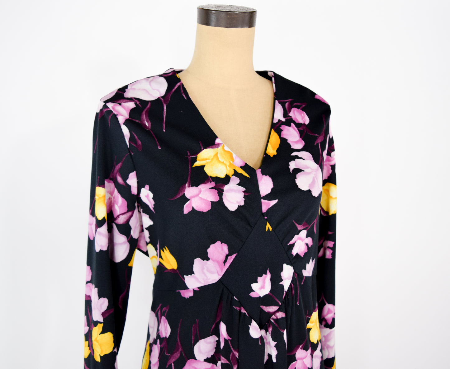 1970s Black & Purple Floral Print Maxi Dress XL