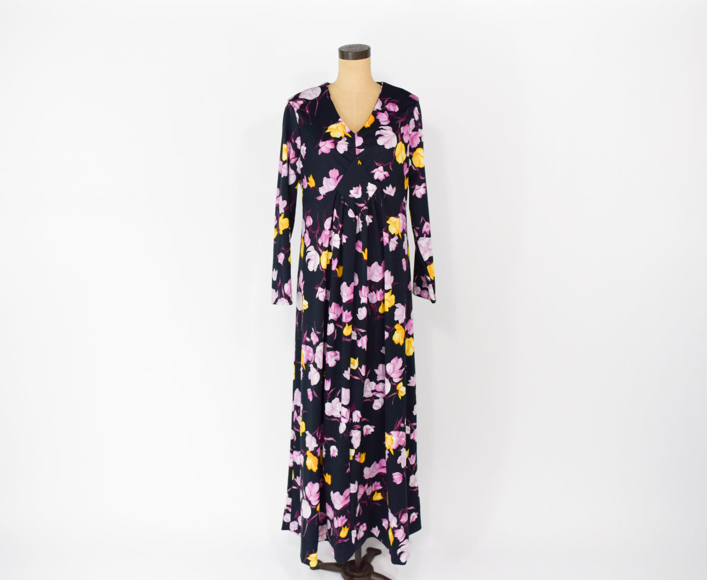 1970s Black & Purple Floral Print Maxi Dress XL