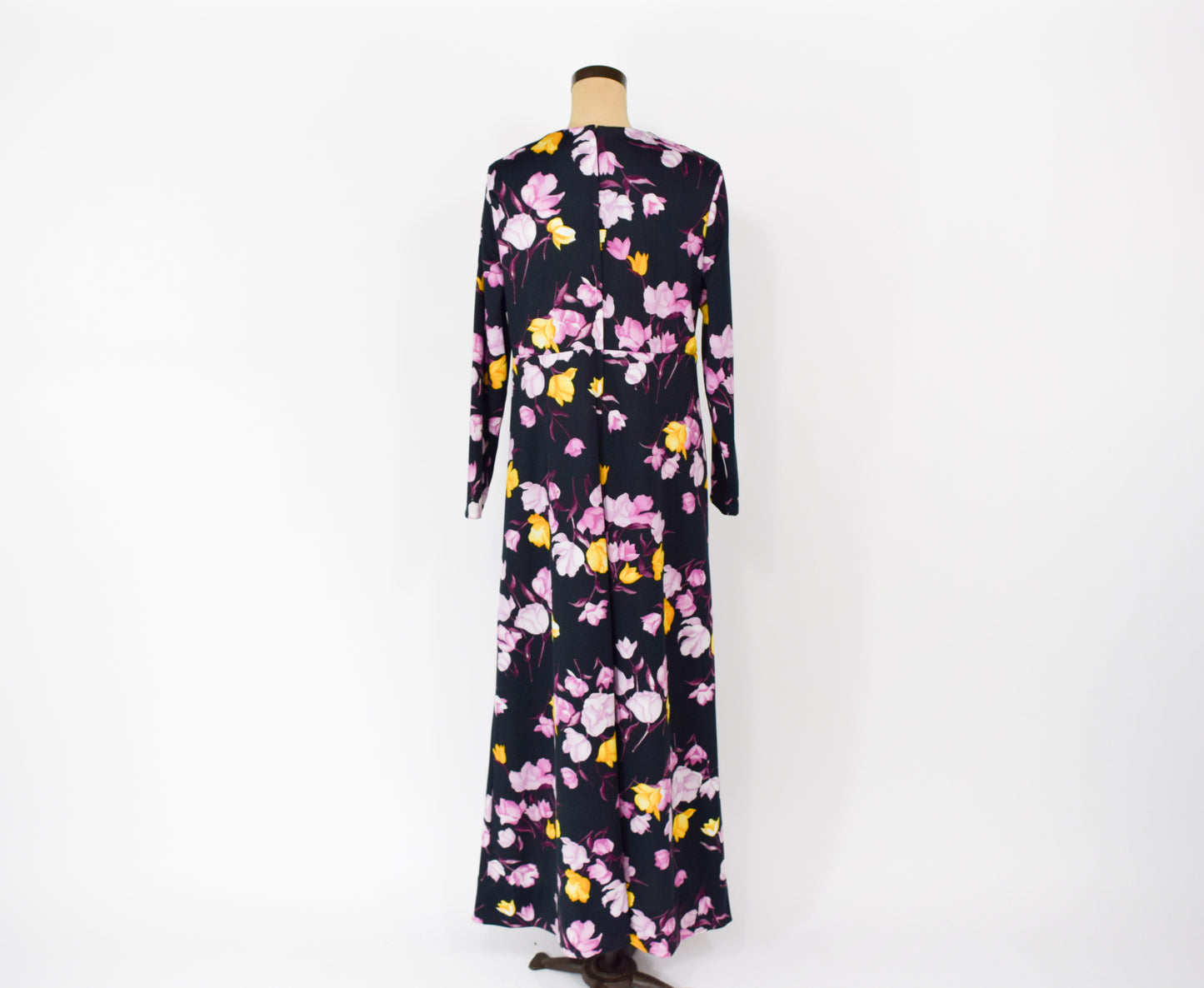 1970s Black & Purple Floral Print Maxi Dress XL