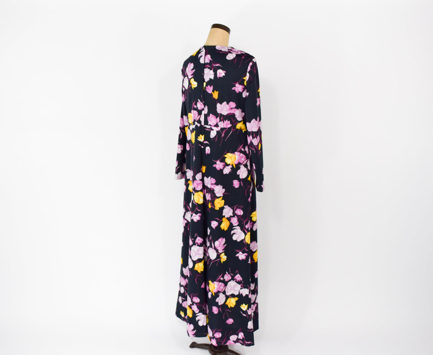 1970s Black & Purple Floral Print Maxi Dress XL