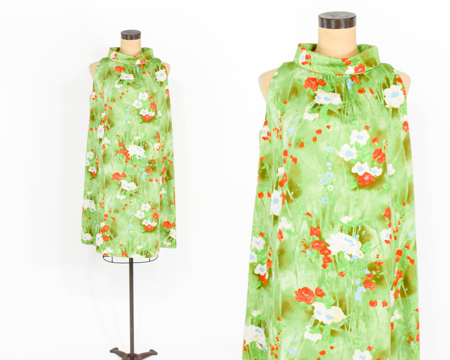 1960s Green Print Tent Dress, Large
