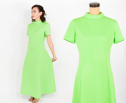 1970s Lime Green Maxi Dress, Large