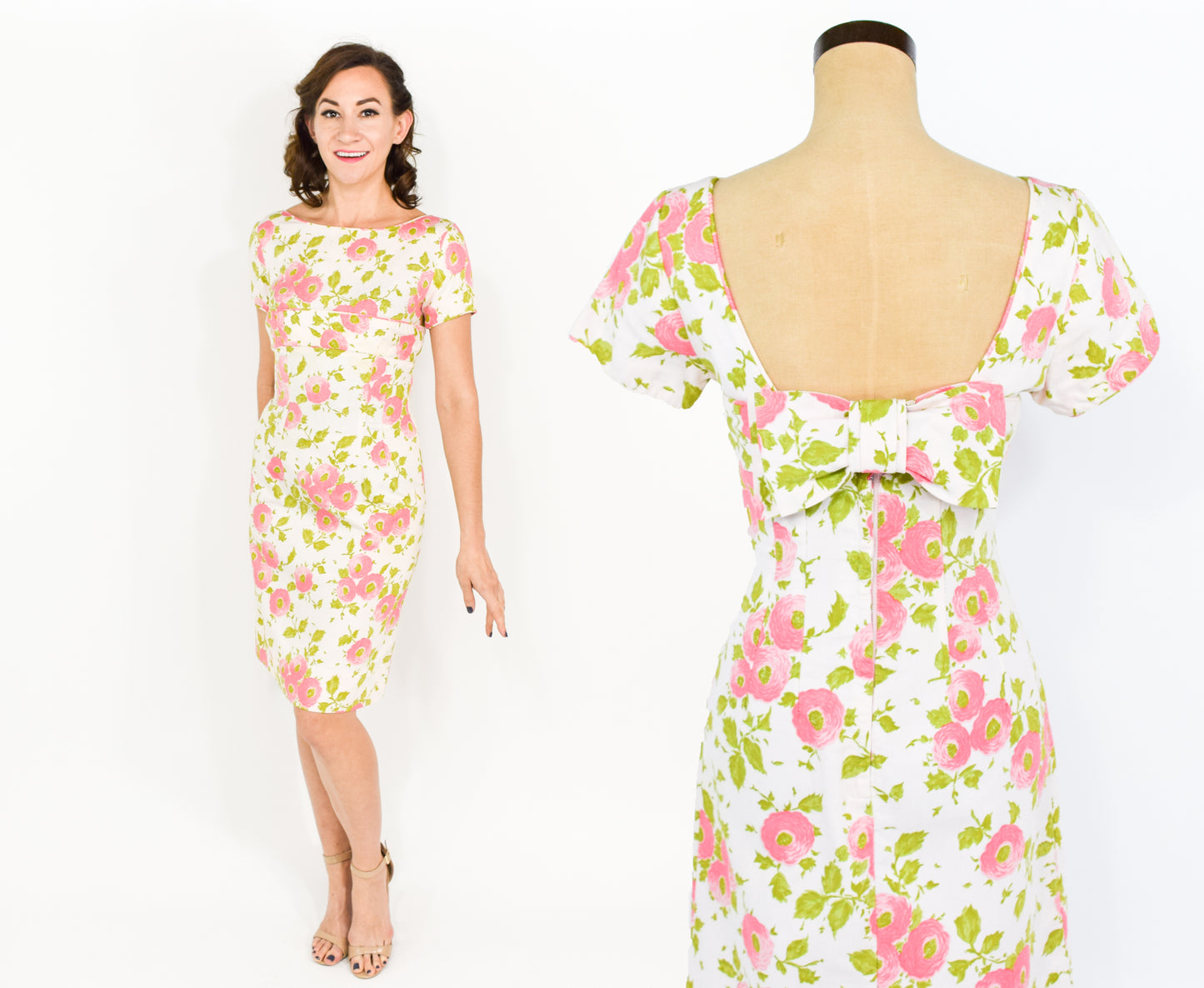 1950s Pink Rose Print Wiggle Dress, Small