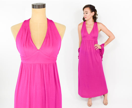 1970s Fuchsia Pink Halter Dress Small