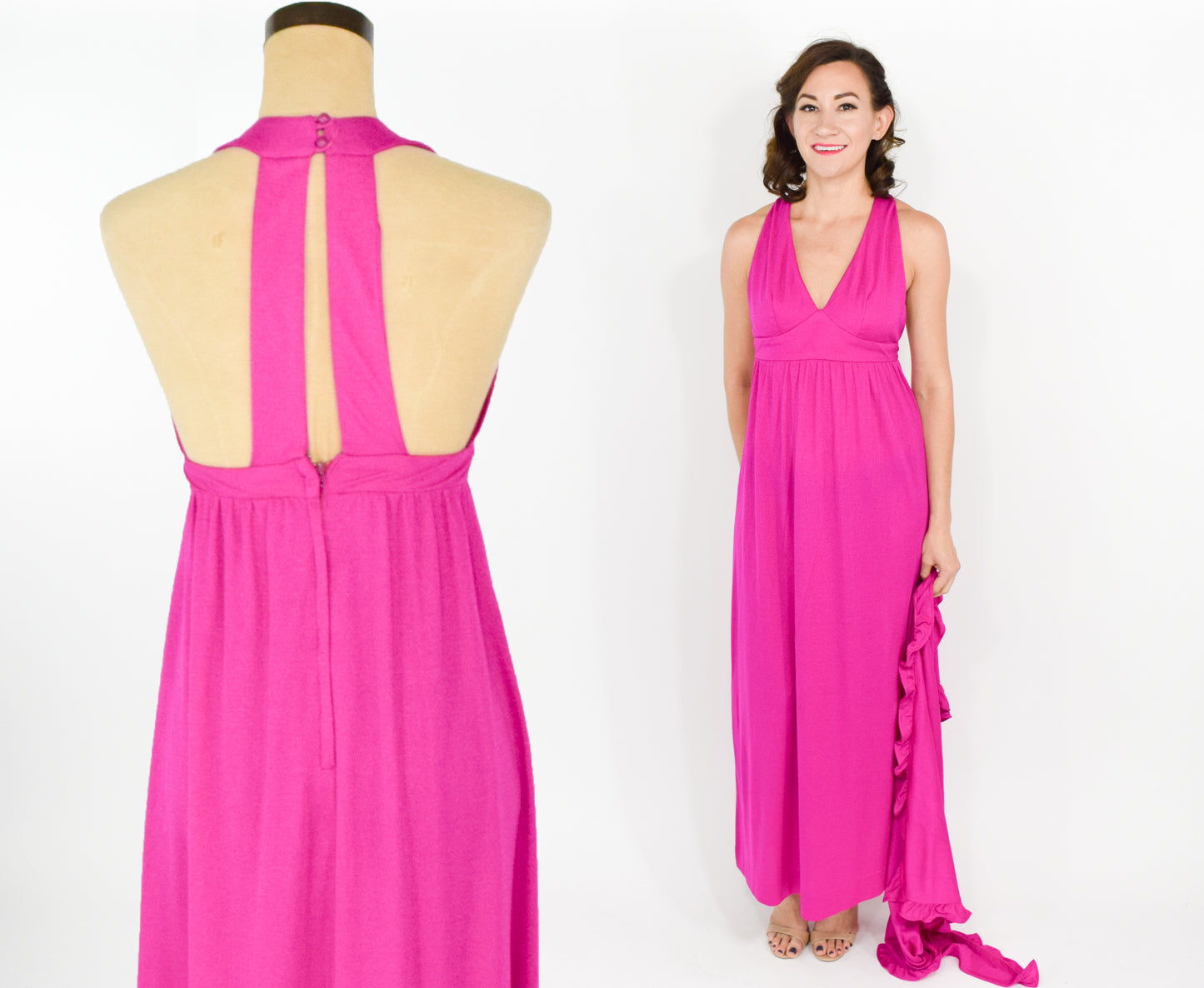 1970s Fuchsia Pink Halter Dress Small