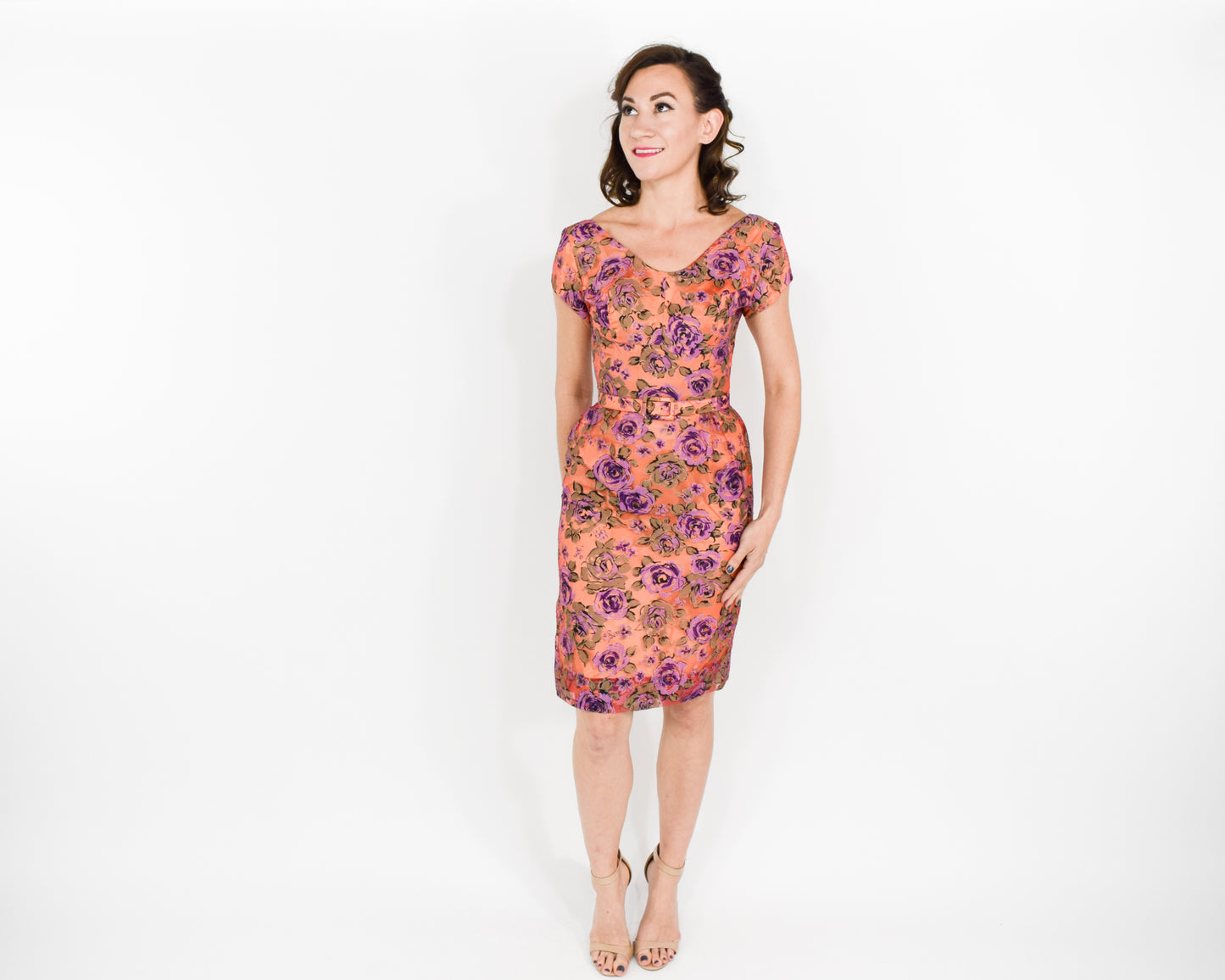 1950s Peach & Purple Floral Party Dress, XS