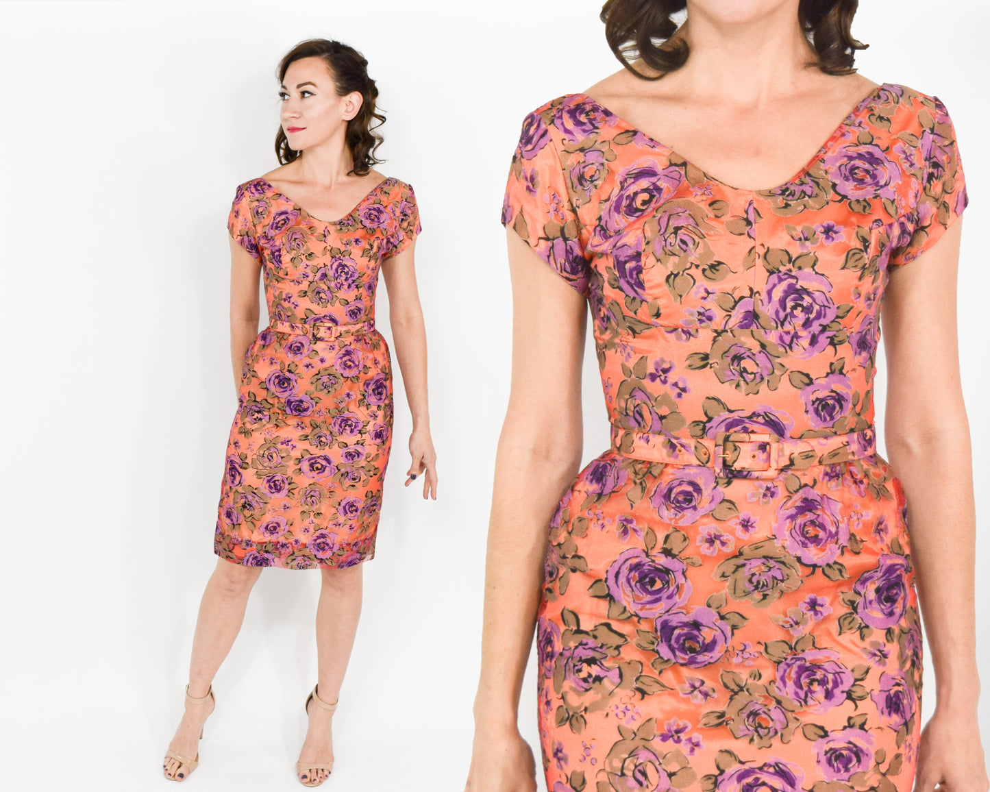 1950s Peach & Purple Floral Party Dress, XS