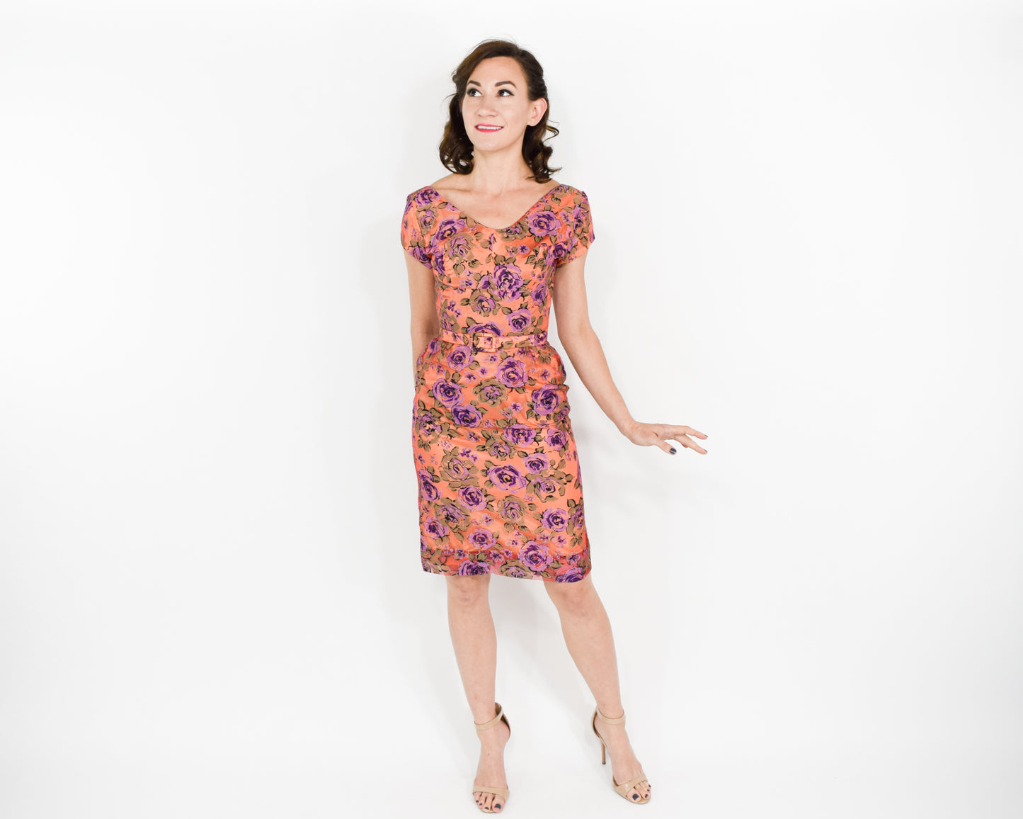 1950s Peach & Purple Floral Party Dress, XS