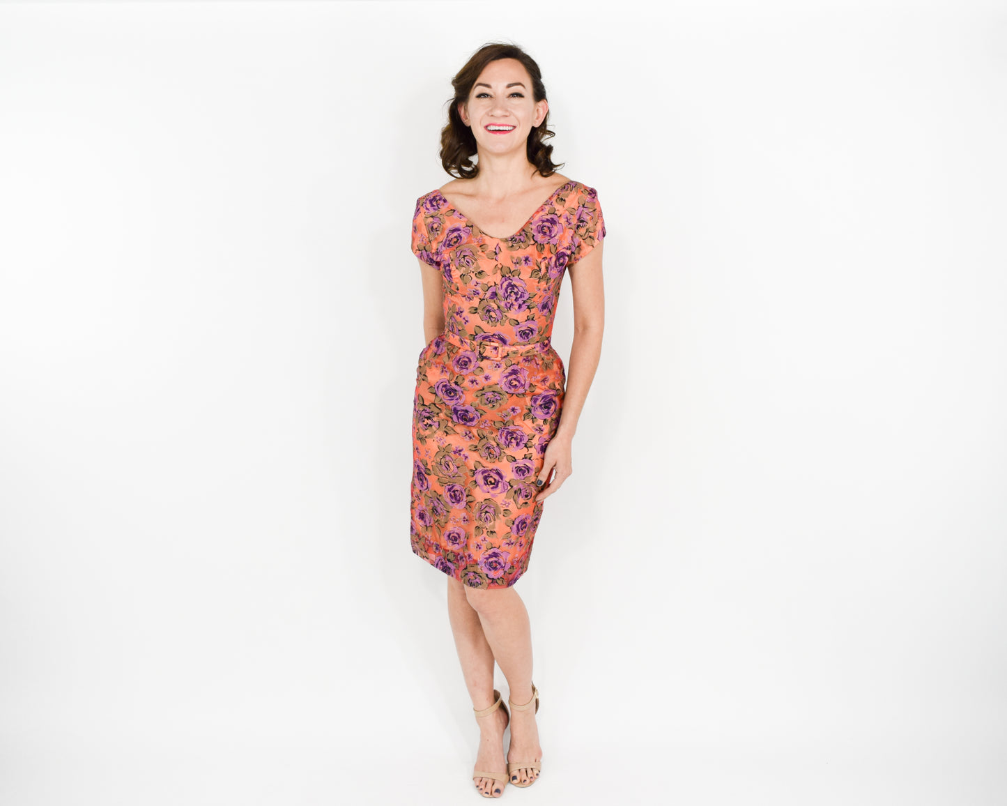 1950s Peach & Purple Floral Party Dress, XS