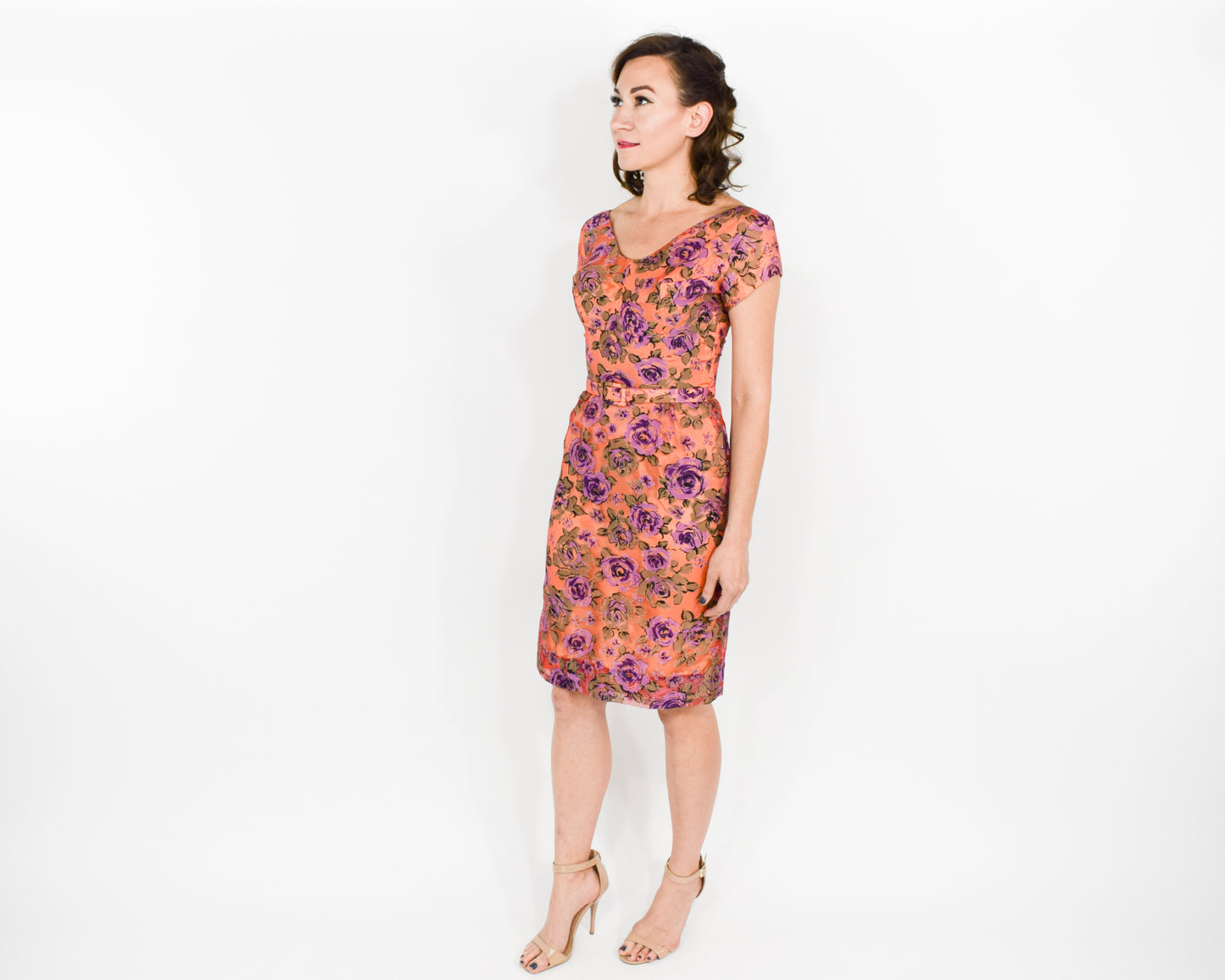 1950s Peach & Purple Floral Party Dress, XS