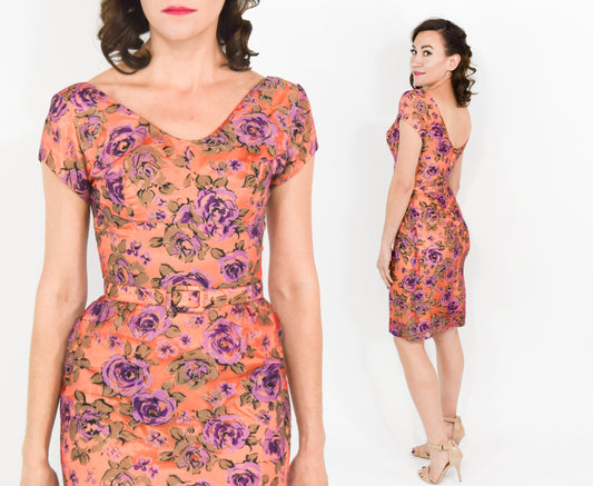 1950s Peach & Purple Floral Party Dress, XS