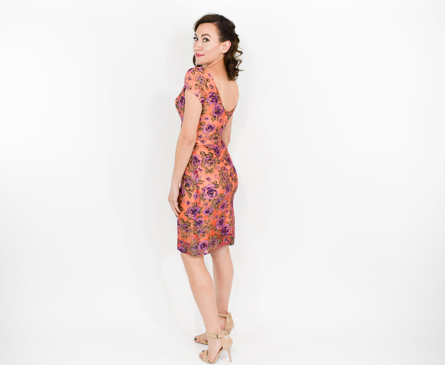 1950s Peach & Purple Floral Party Dress, XS