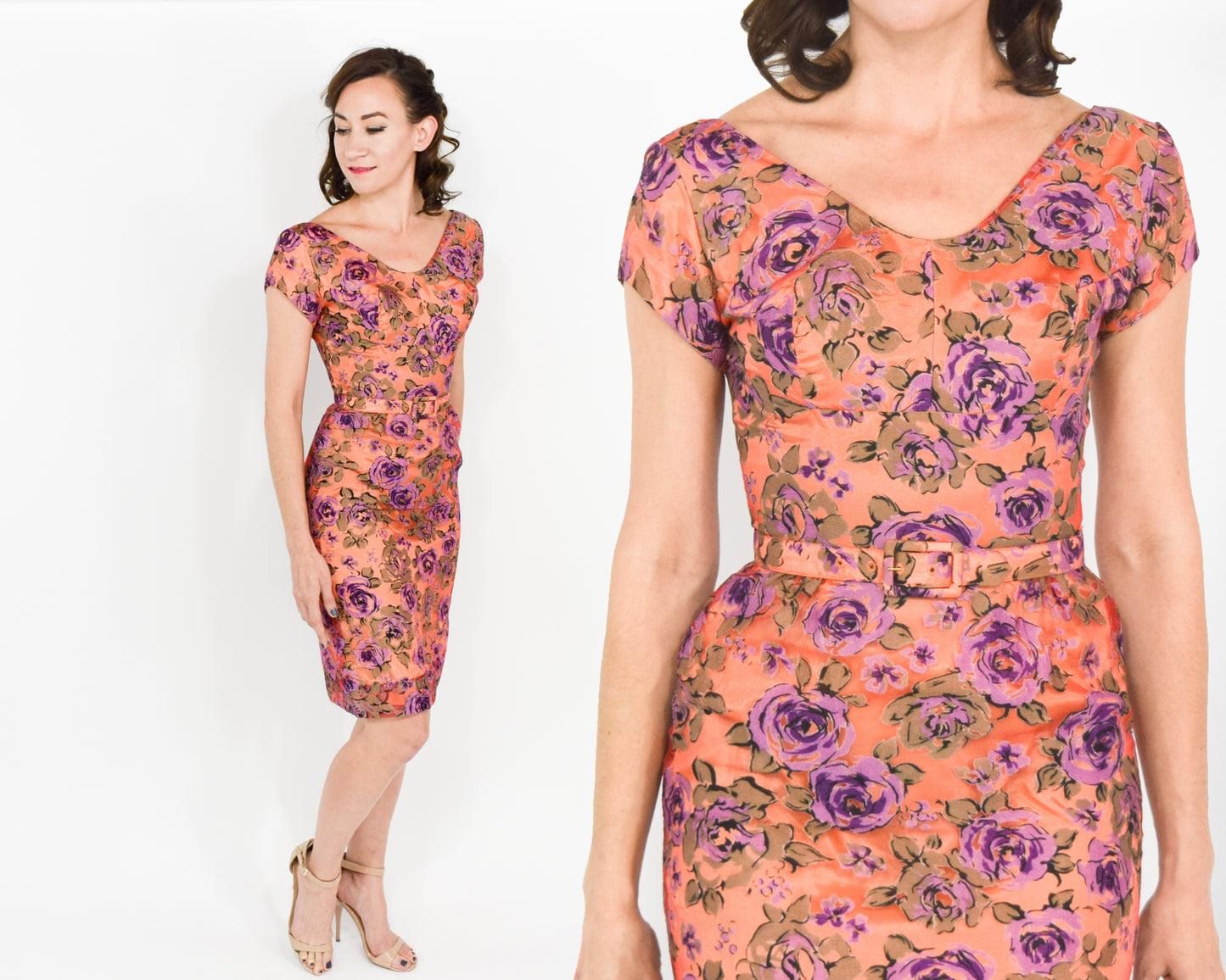 1950s Peach & Purple Floral Party Dress, XS