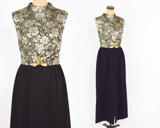 1960s Black Gold Party Dress, Large