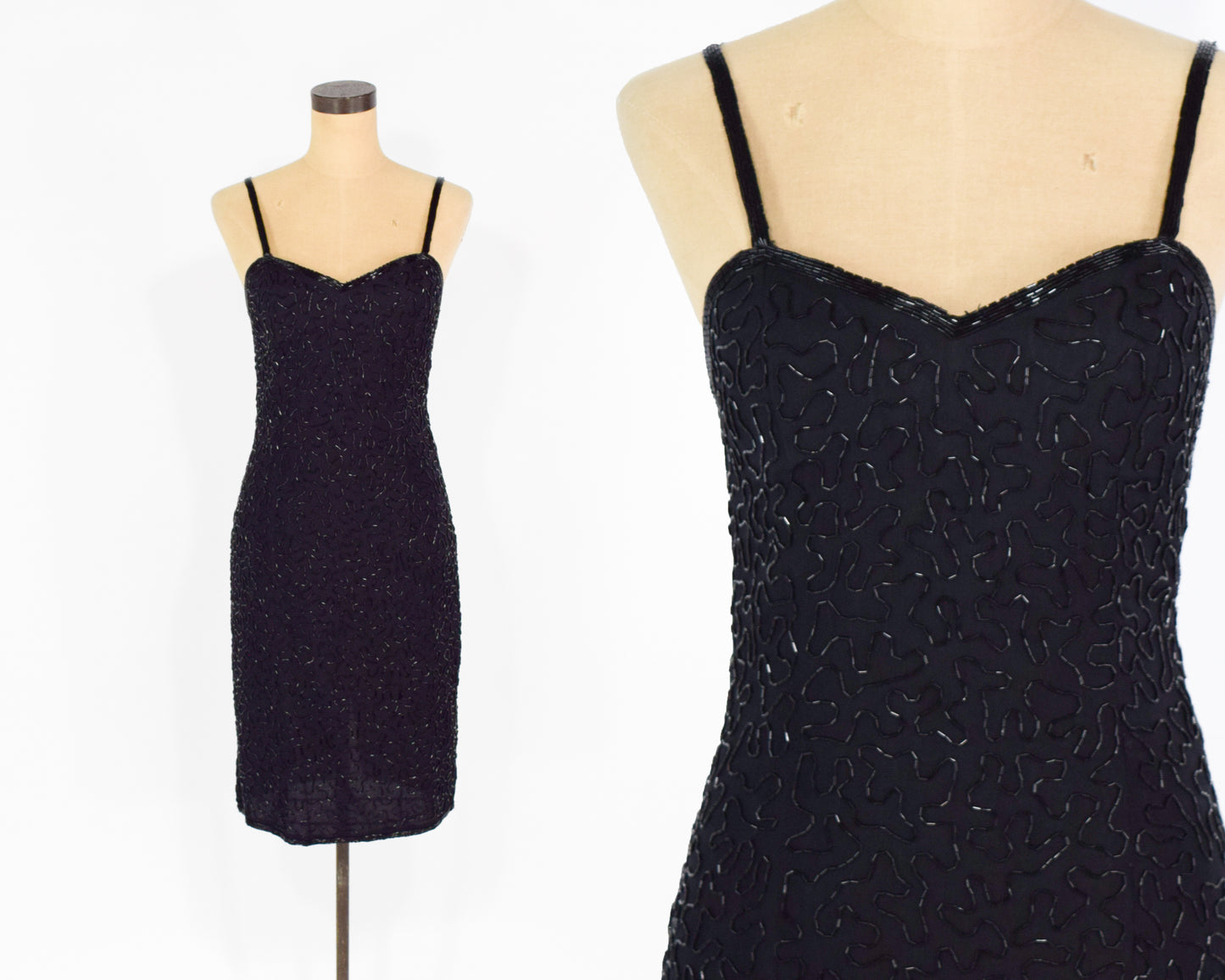 1990s Black Silk Beaded Dress