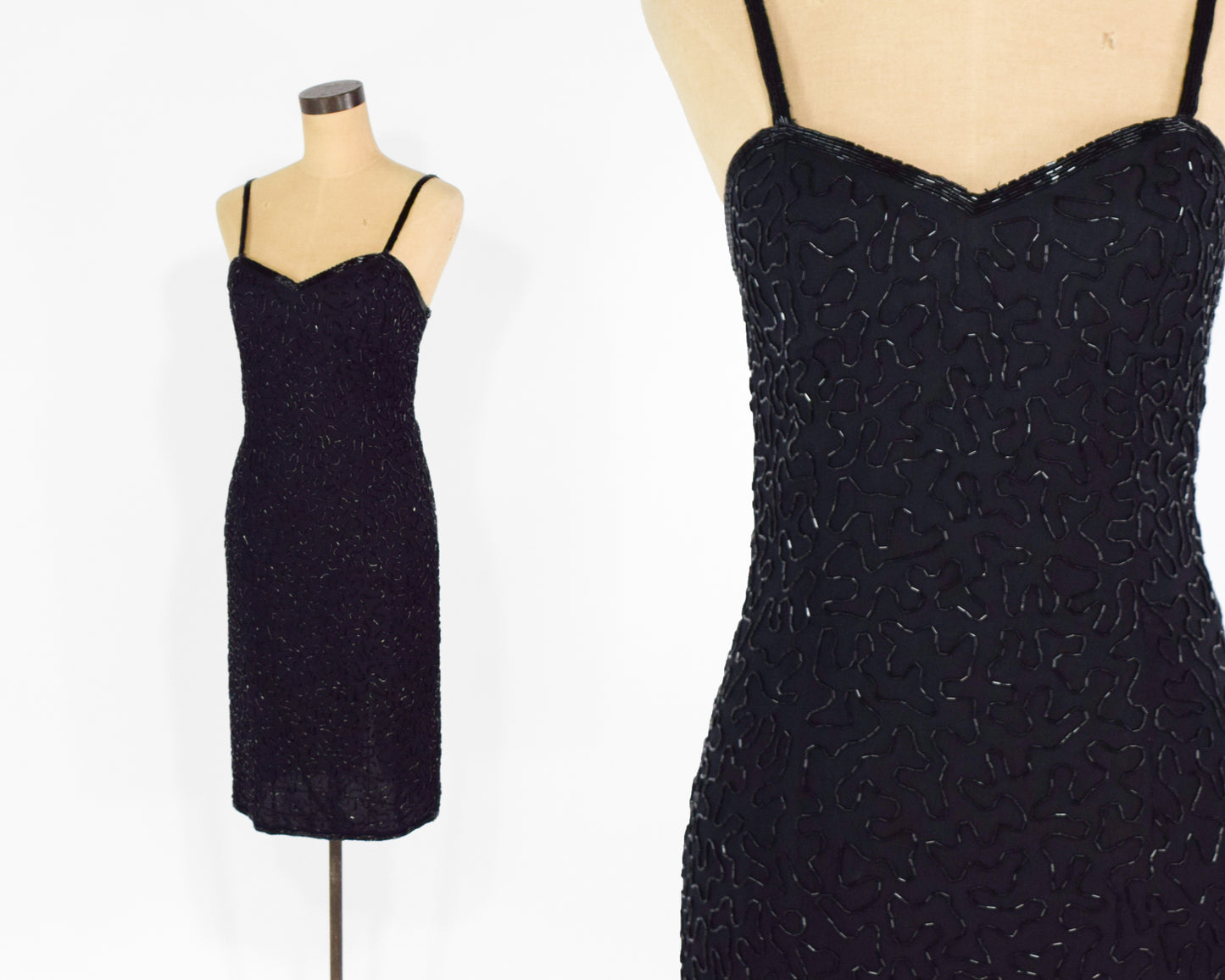 1990s Black Silk Beaded Dress