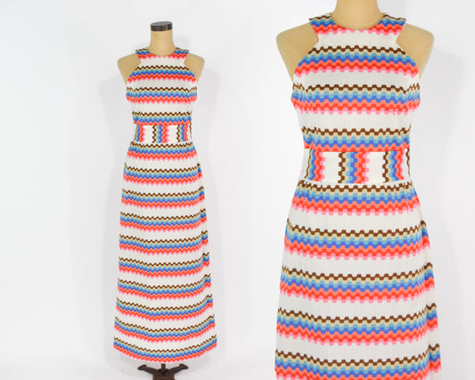 1970s White Pink Zig Zag Print Maxi Dress, Medium